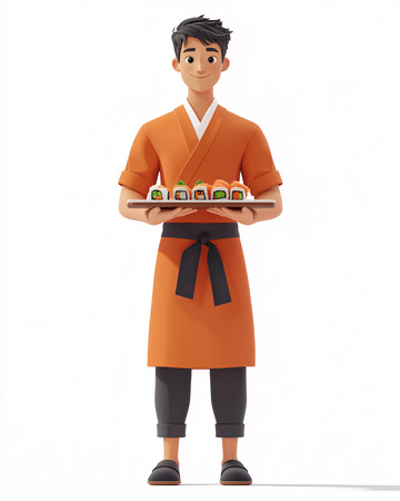 微笑寿司师傅端盘寿司