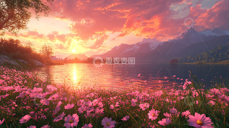 高清大图下载【趣麦麦图】唯美日落湖边粉红色花海