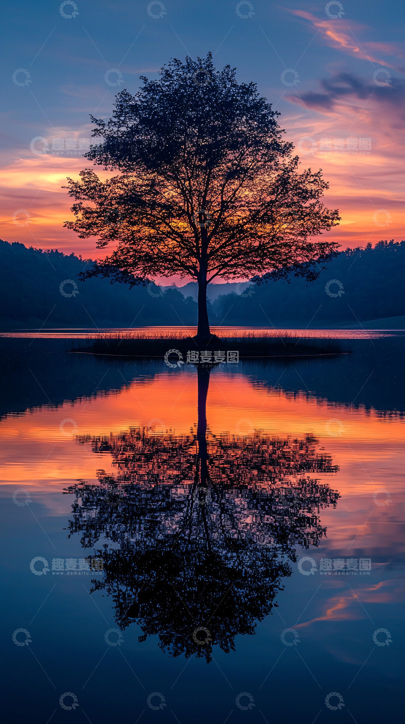 高清大图下载【趣麦麦图】湖中孤树倒影夕阳