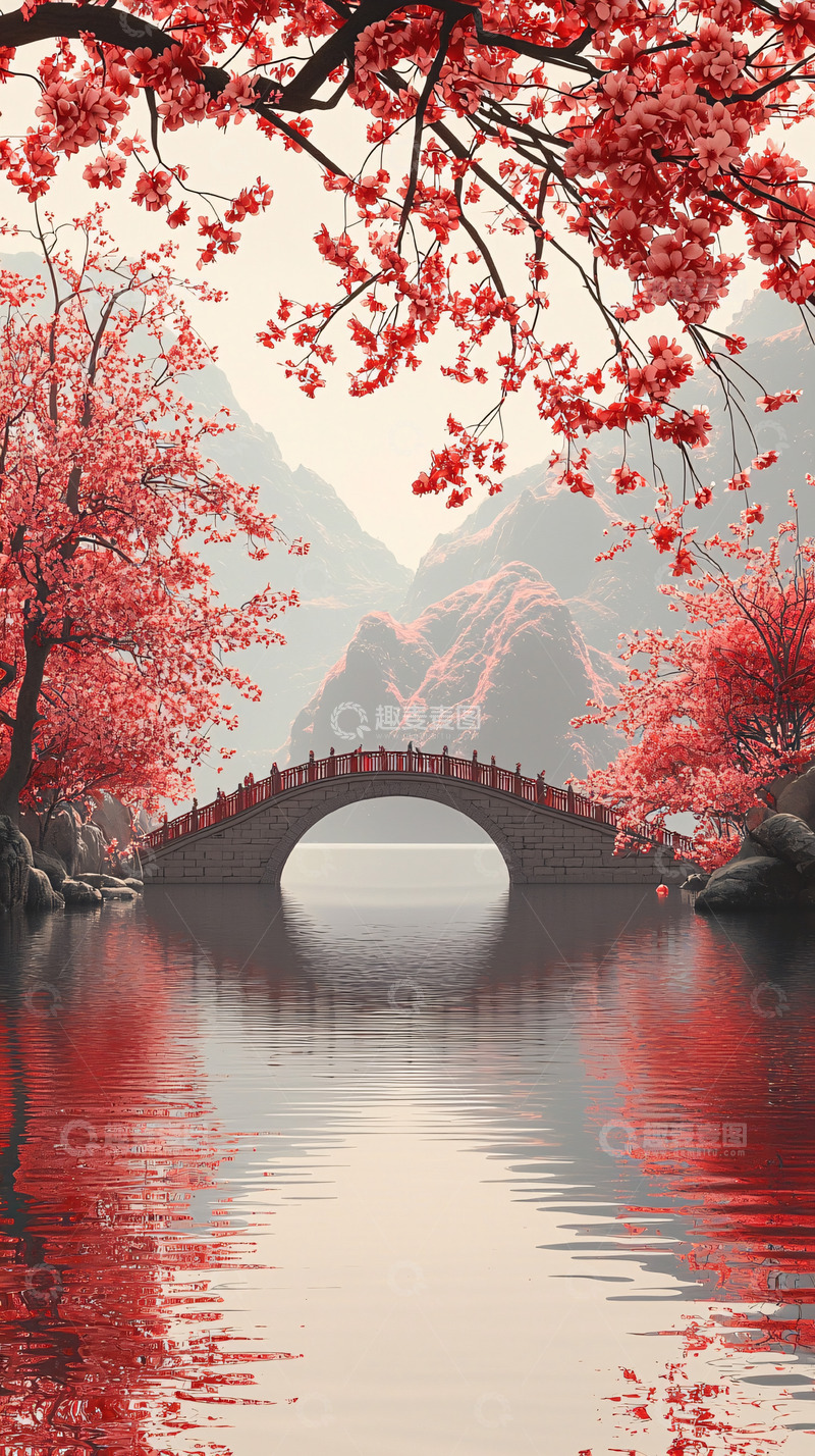 高清大图下载【趣麦麦图】红色花朵桥梁的唯美景色