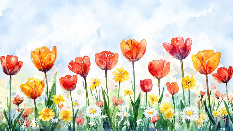 高清大图下载【趣麦麦图】水彩郁金香花田