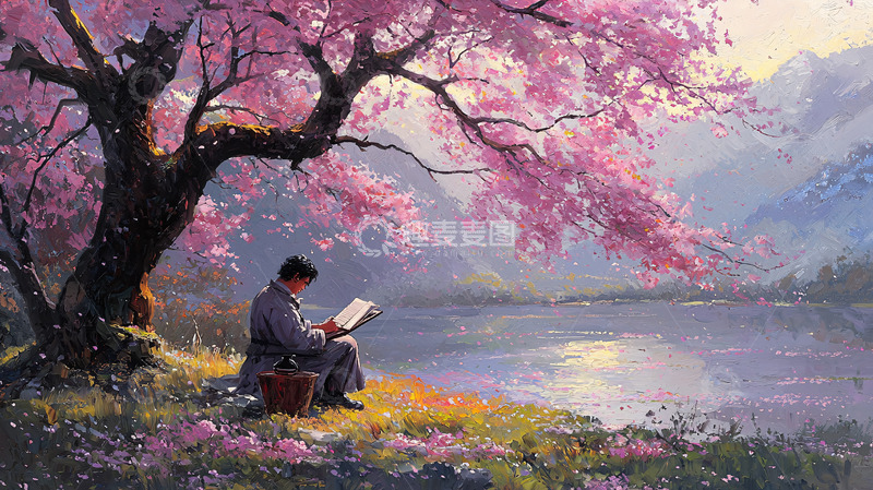 高清大图下载【趣麦麦图】樱花树下读书人