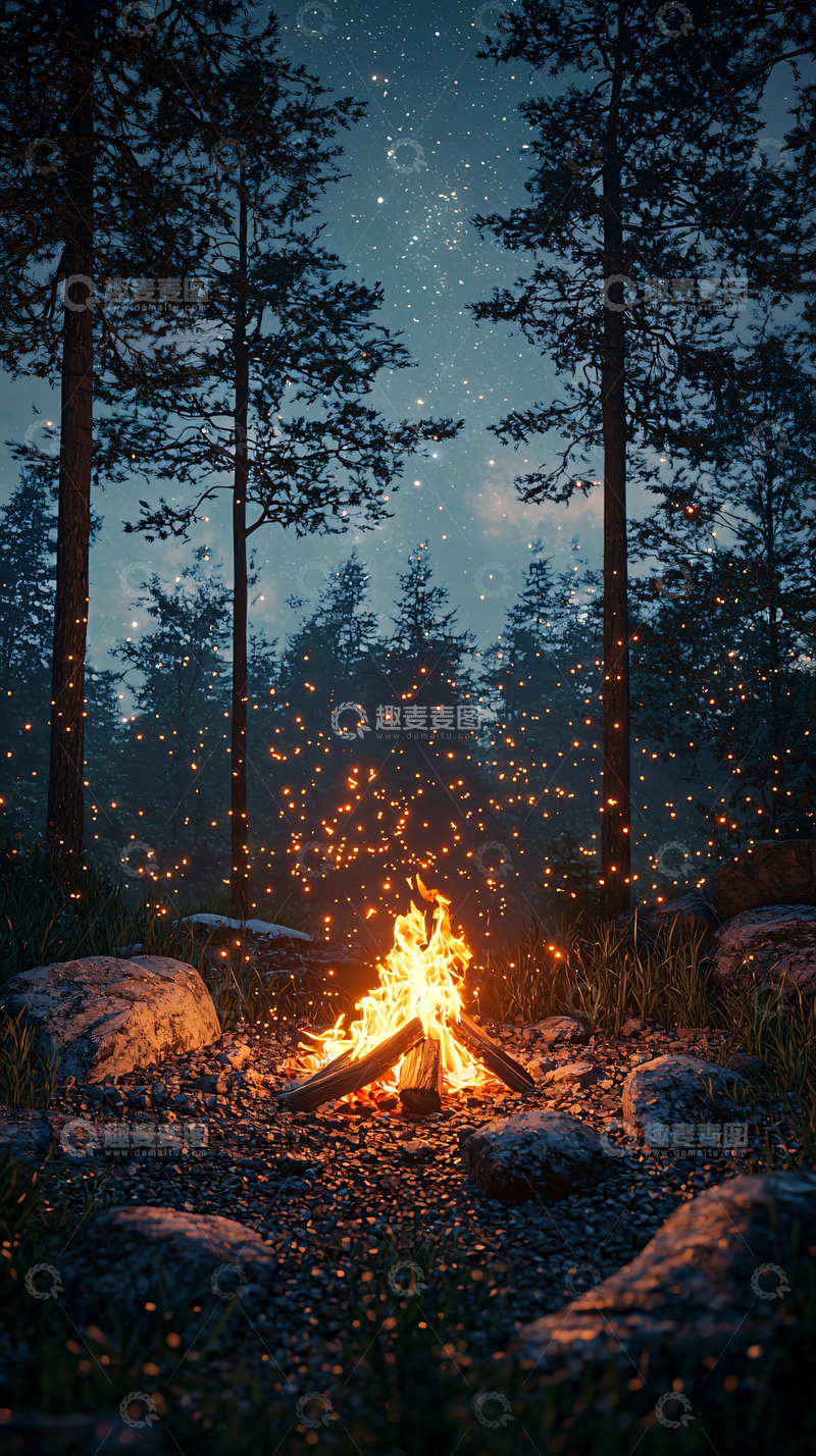 高清大图下载【趣麦麦图】夜晚森林篝火