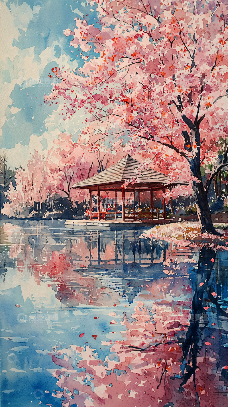 高清大图下载【趣麦麦图】樱花树下的亭台水榭