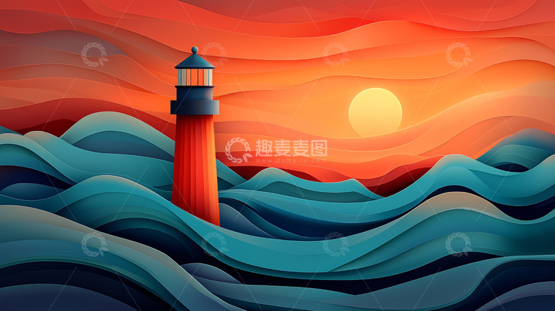 高清大图下载【趣麦麦图】日落海景灯塔剪影