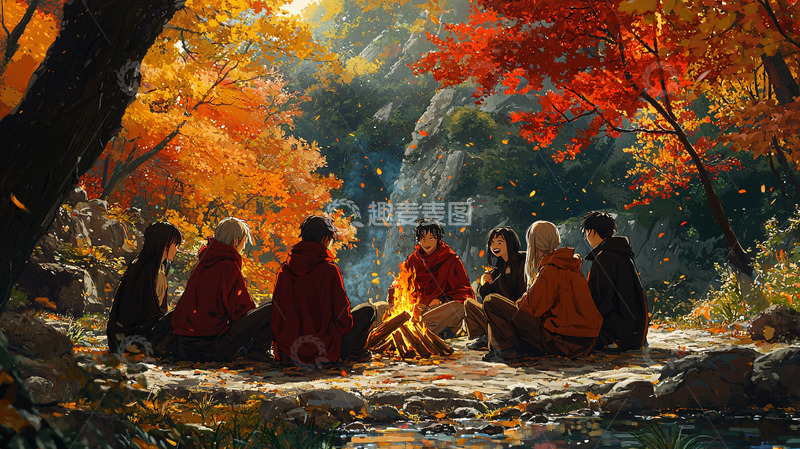 高清大图下载【趣麦麦图】秋日篝火旁的伙伴们