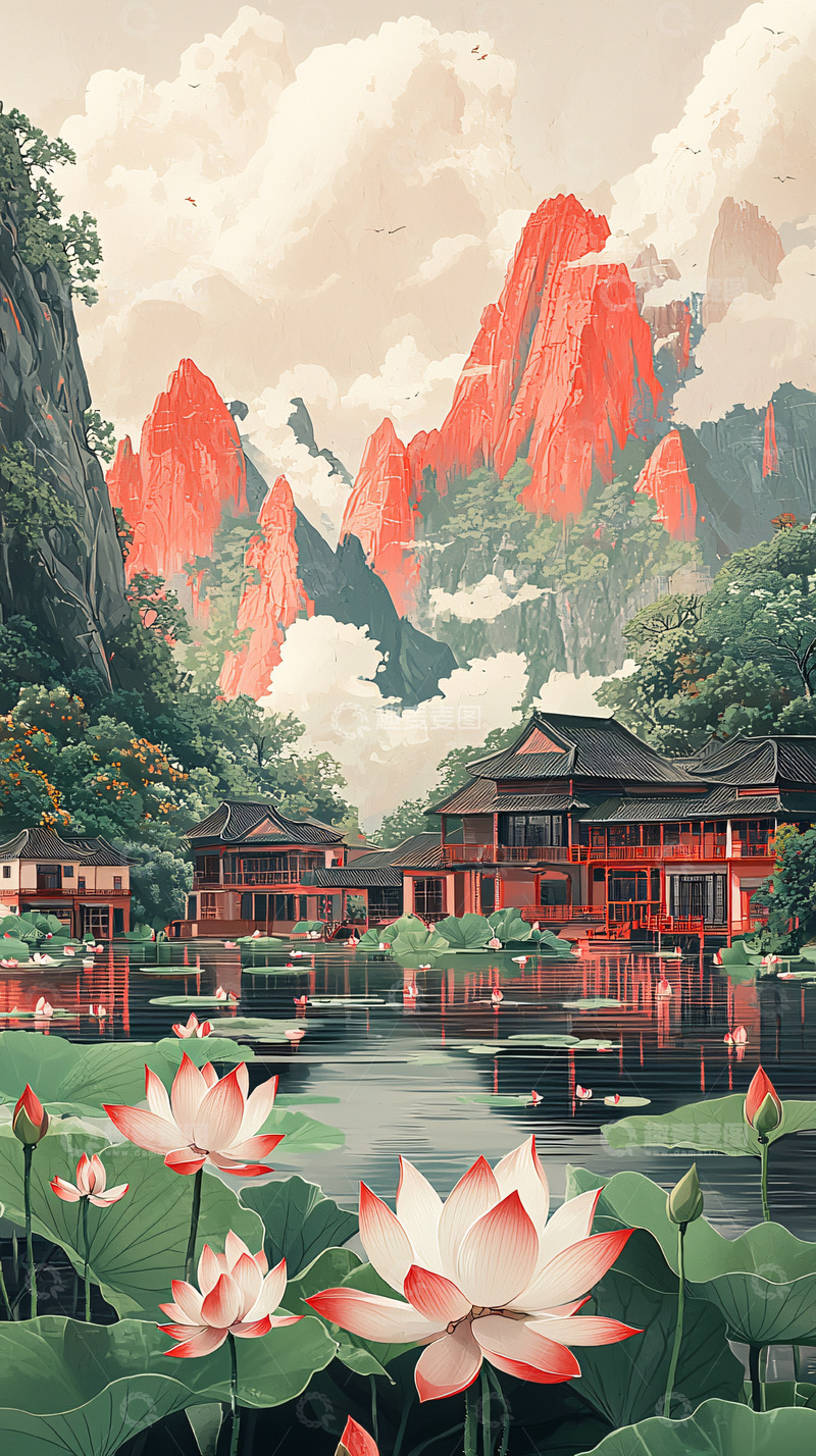 高清大图下载【趣麦麦图】国风山水建筑荷花水墨画