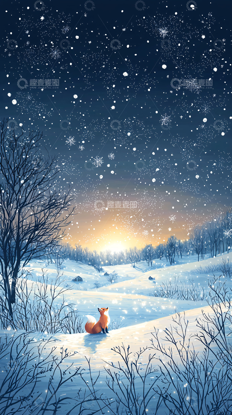 高清大图下载【趣麦麦图】雪地里小狐狸仰望星空