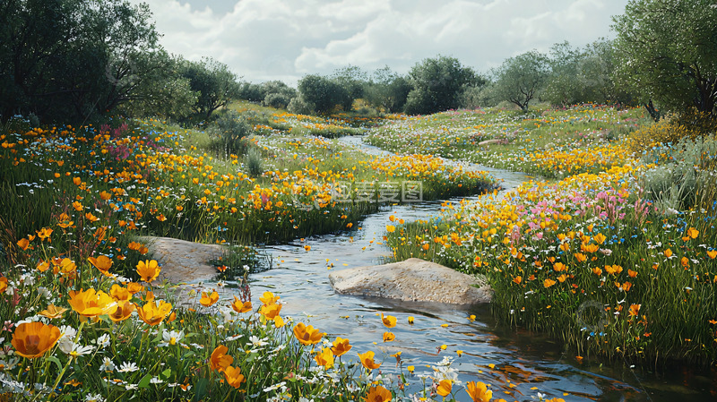 高清大图下载【趣麦麦图】溪流边盛开的野花