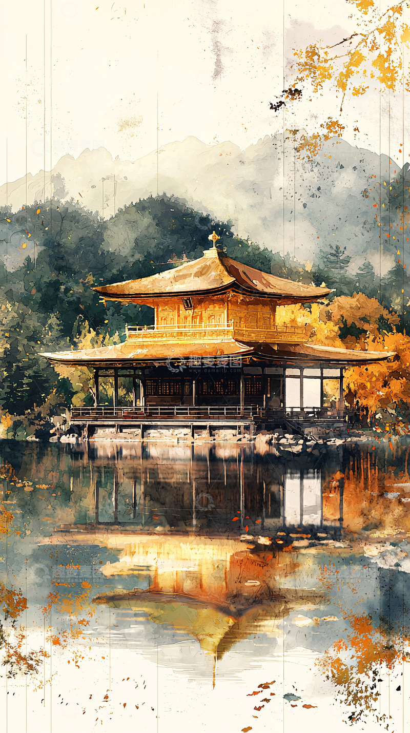 高清大图下载【趣麦麦图】金色寺庙水面倒影