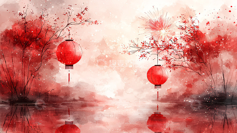 高清大图下载【趣麦麦图】红色灯笼水面倒影