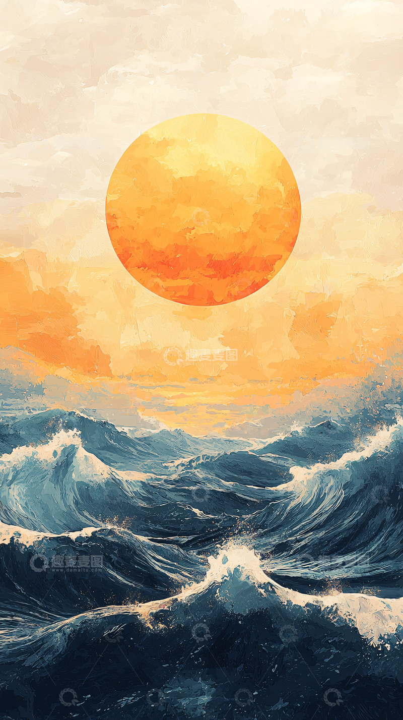 高清大图下载【趣麦麦图】巨型橙色圆形太阳大海