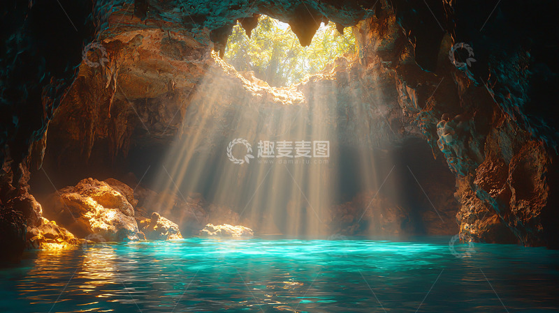 高清大图下载【趣麦麦图】洞穴中光线照亮水面