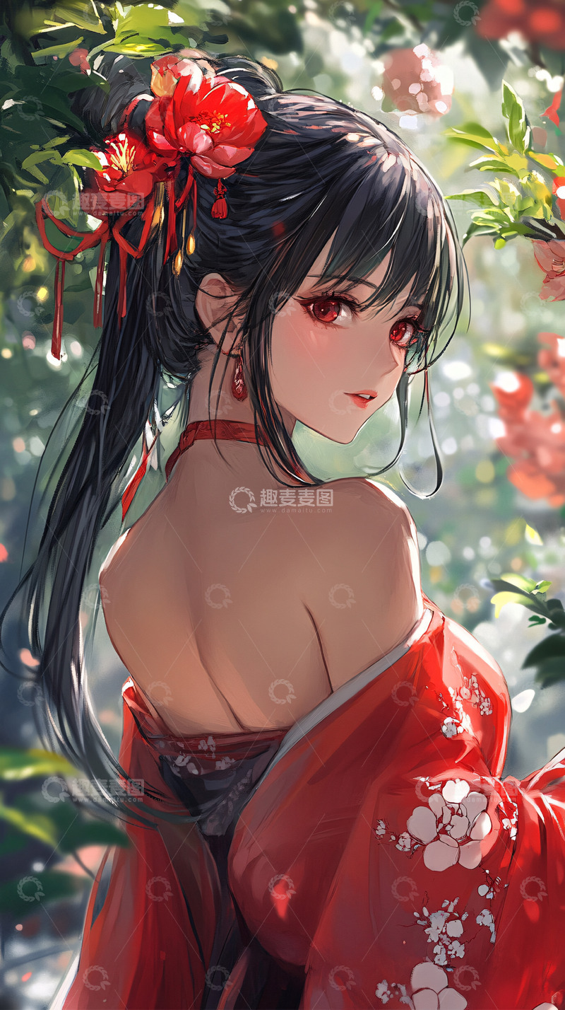 高清大图下载【趣麦麦图】红衣黑发少女回眸