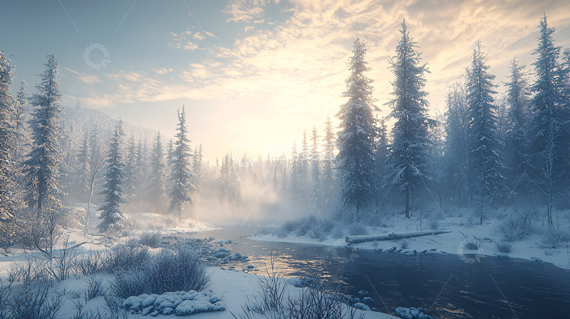 高清大图下载【趣麦麦图】寒冷冬季的雪景森林