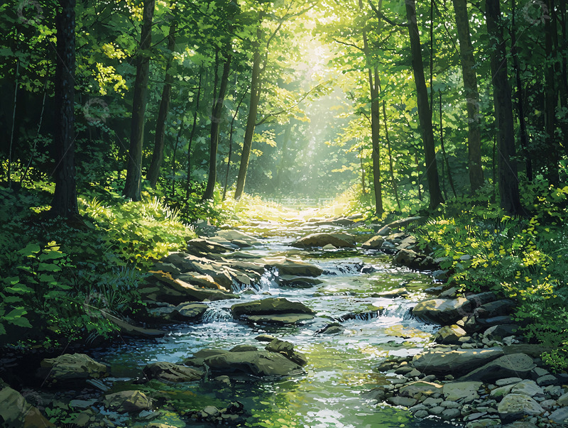 高清大图下载【趣麦麦图】森林小溪阳光透过树林