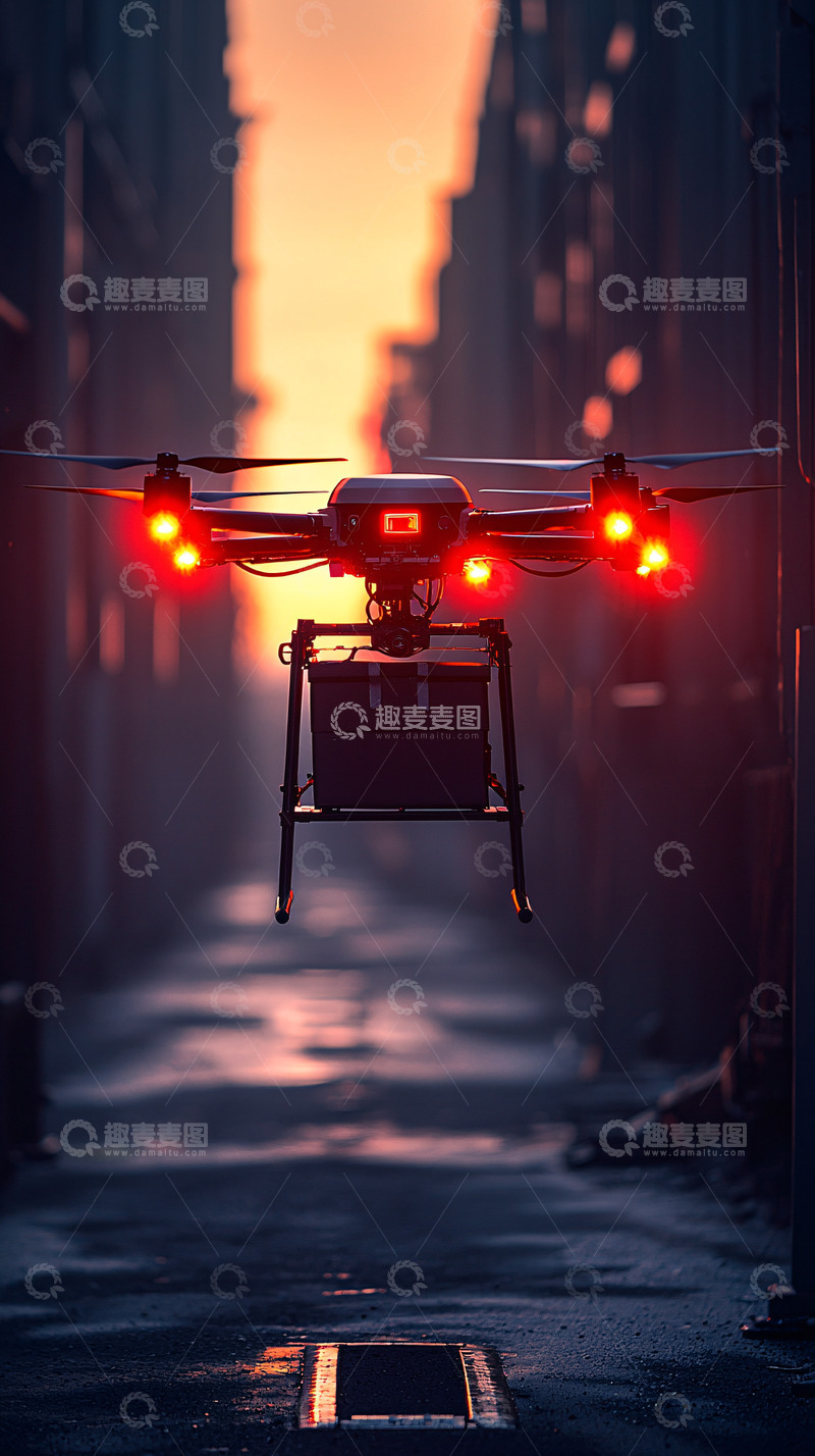 高清大图下载【趣麦麦图】夕阳下城市巷弄无人机送货