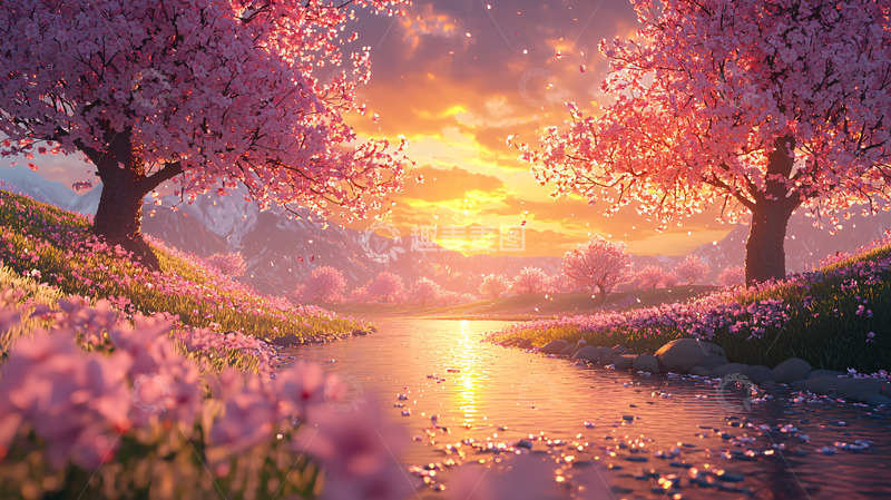 高清大图下载【趣麦麦图】唯美樱花日落溪流