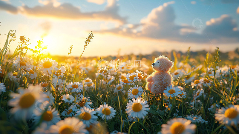 高清大图下载【趣麦麦图】夕阳下雏菊田里的泰迪熊