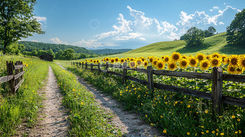高清大图下载【趣麦麦图】乡间小路向日葵田