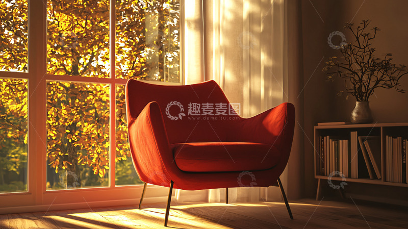 高清大图下载【趣麦麦图】秋日暖阳下的红色扶手椅