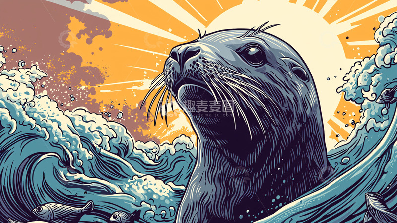 高清大图下载【趣麦麦图】海浪中抬头眺望的海豹