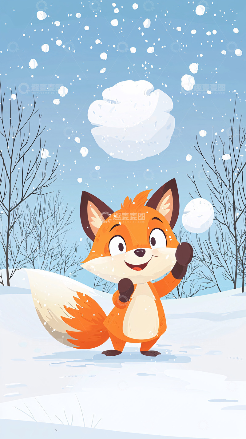 高清大图下载【趣麦麦图】可爱狐狸玩雪