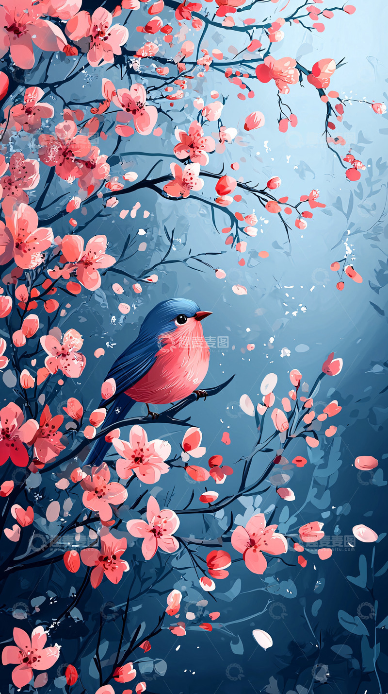 高清大图下载【趣麦麦图】粉红樱花树枝上的小鸟