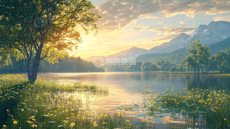 高清大图下载【趣麦麦图】清晨湖边树木山峦