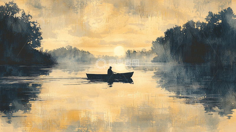 高清大图下载【趣麦麦图】日落时分湖边独木舟