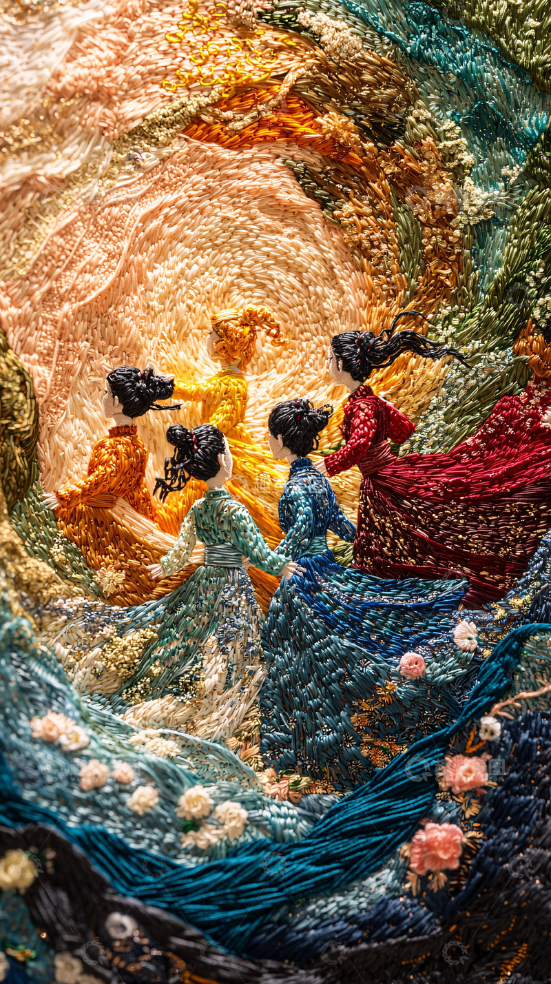 高清大图下载【趣麦麦图】彩色丝线刺绣画