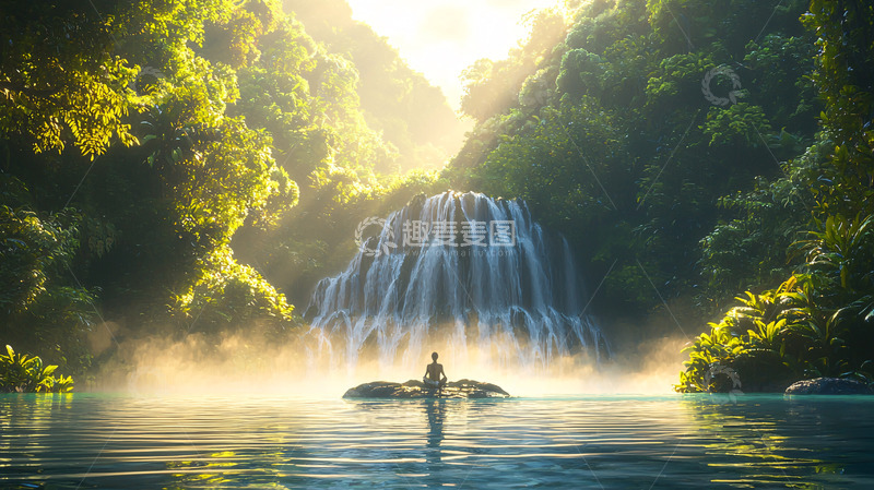 高清大图下载【趣麦麦图】阳光森林瀑布