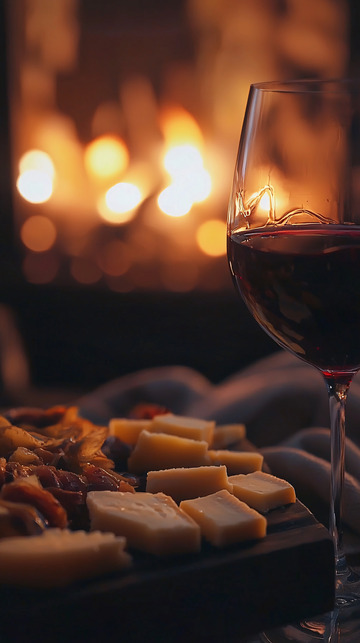 壁炉前红酒与奶酪