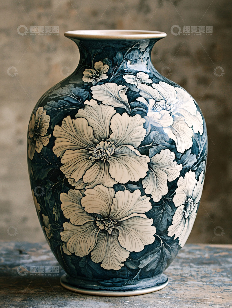 高清大图下载【趣麦麦图】蓝色花纹陶瓷花瓶