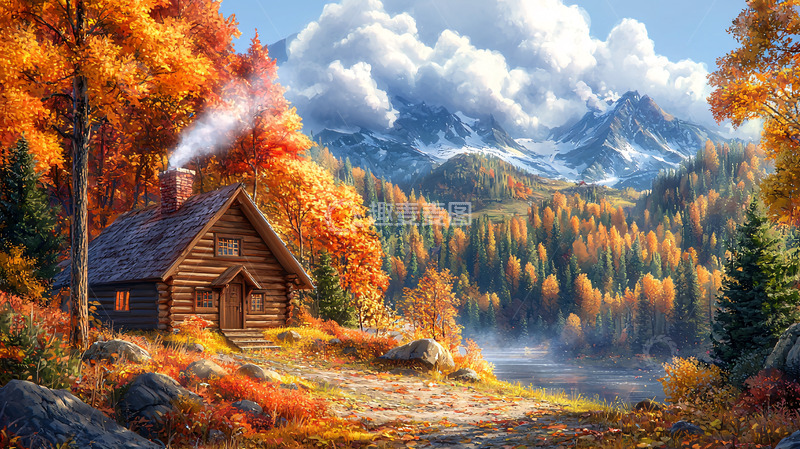 高清大图下载【趣麦麦图】秋日山林小屋