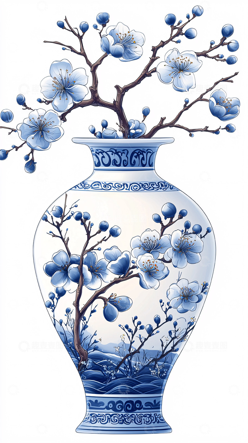 高清大图下载【趣麦麦图】青花瓷花瓶插花水墨风