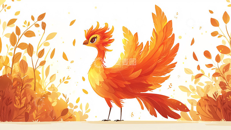 高清大图下载【趣麦麦图】卡通风格的凤凰站在秋叶中