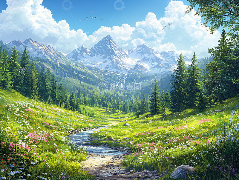 高清大图下载【趣麦麦图】山间草地小溪