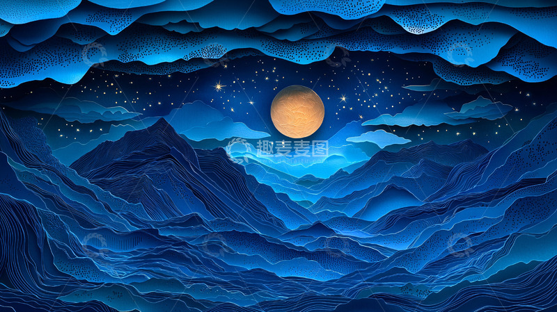 高清大图下载【趣麦麦图】蓝色山脉星空月亮