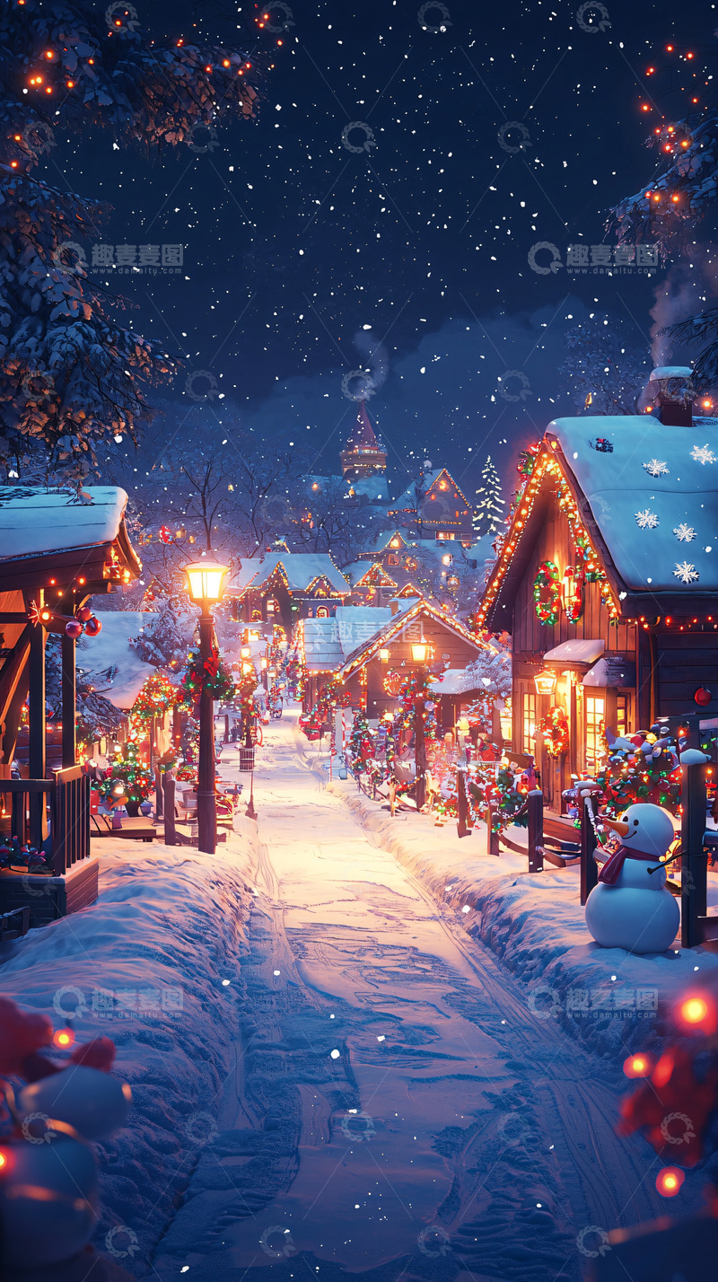 高清大图下载【趣麦麦图】冬夜雪景小镇