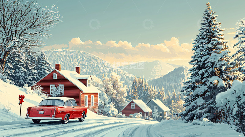 高清大图下载【趣麦麦图】冬日雪景乡村公路红车