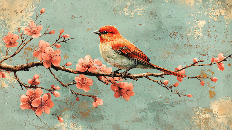 高清大图下载【趣麦麦图】小鸟栖息在桃花枝头