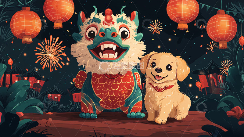 高清大图下载【趣麦麦图】卡通狮子狗新年灯笼
