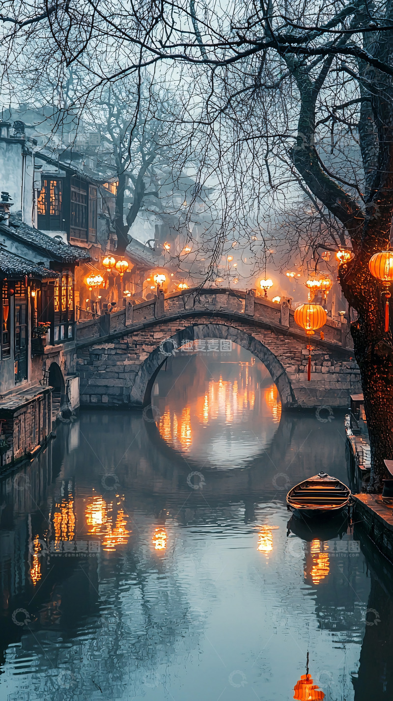高清大图下载【趣麦麦图】水乡夜景石桥亮灯朦胧