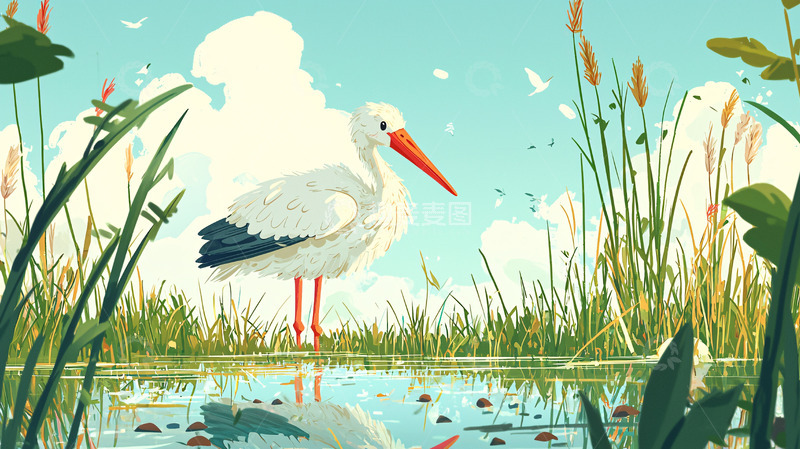高清大图下载【趣麦麦图】白鹳湿地风景插画