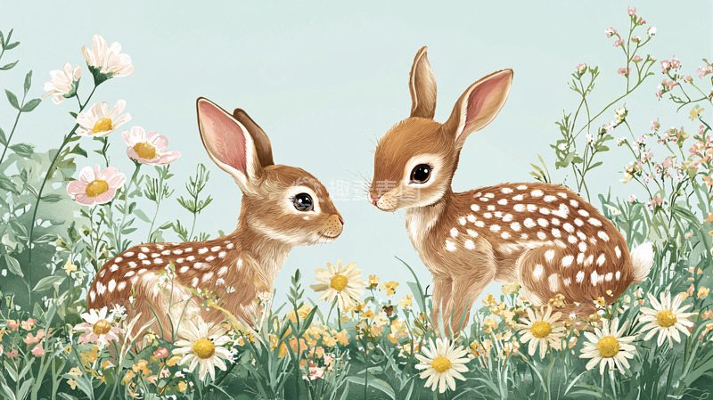 高清大图下载【趣麦麦图】两只小兔子在花丛中