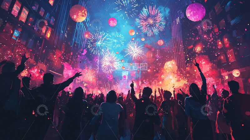 高清大图下载【趣麦麦图】绚丽烟火下的狂欢人群