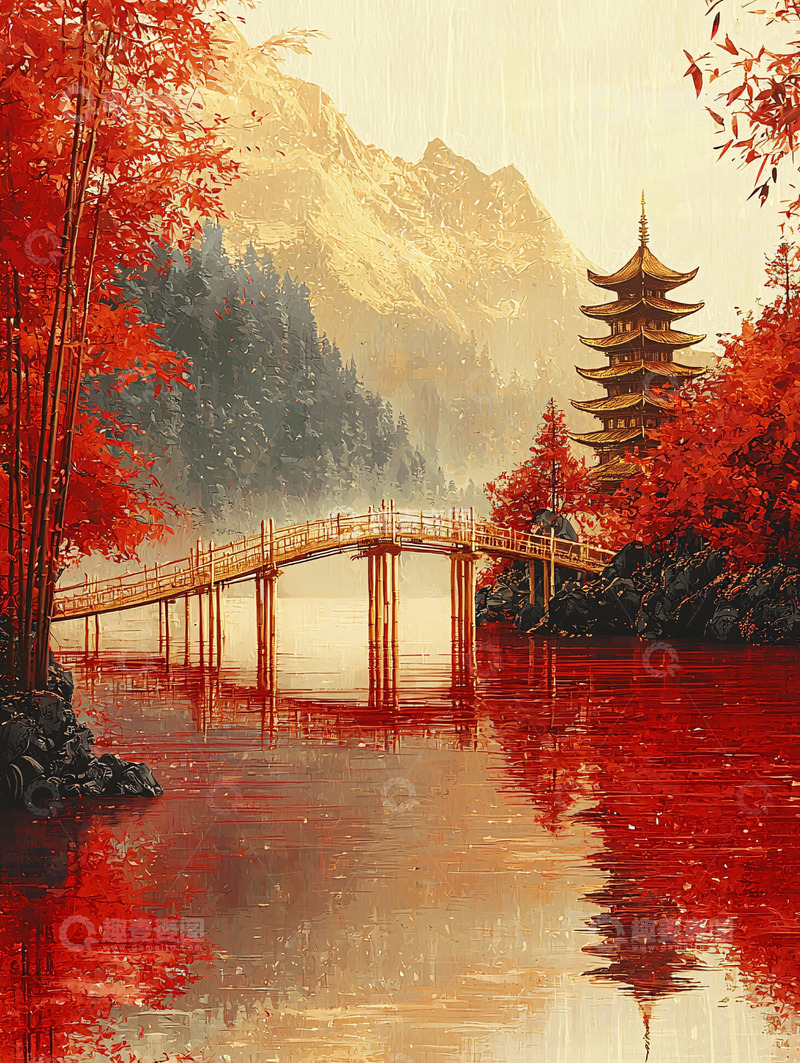 高清大图下载【趣麦麦图】秋日红枫桥边古塔