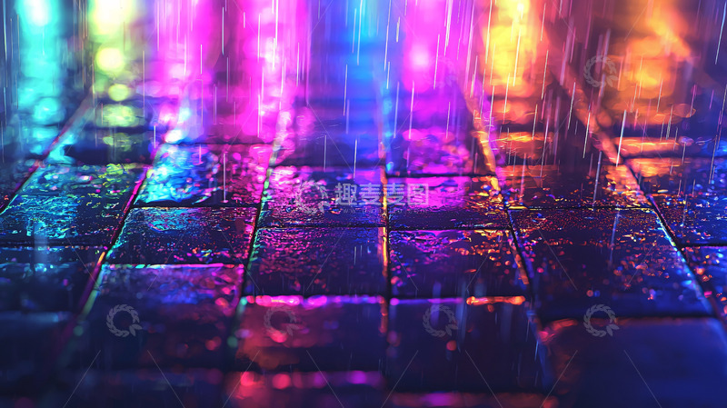 高清大图下载【趣麦麦图】雨夜霓虹灯下的光影地面