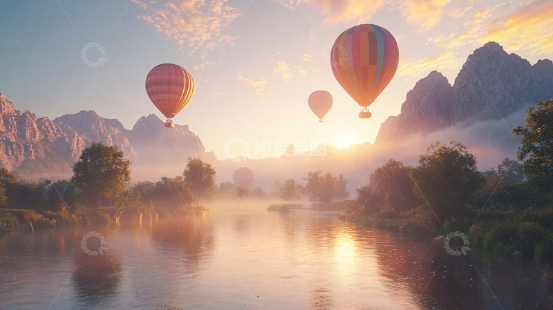 高清大图下载【趣麦麦图】日出时分热气球飞跃山谷